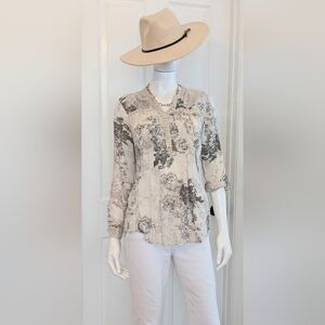 Vintage America Blues Floral Beige Boho Style Women's Top Small Made In India